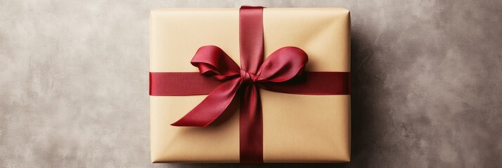 Poster - A beautifully wrapped large gift box with neutral tones and a striking red ribbon rests on a stylish textured surface, ready for giving. Generative AI