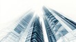 © Business Pics - 3D rendering of a building construction concept with modern skyscrapers and blueprints on a white background, with space for text