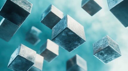 Canvas Print - A 3D render of floating metal cubes in a blue space