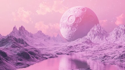 Canvas Print - A pink and purple alien landscape with a large moon mountains and a lake