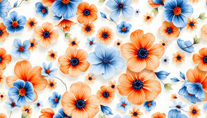 Floral seamless pattern with abstract colored flowers blue and orange colors, delicate watercolor textile print on white background isolated with white highlights, png