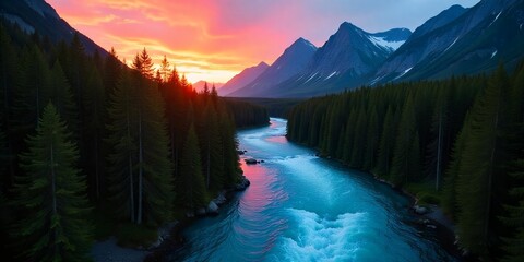 Wall Mural - A river winds through a lush forest at sunset, with mountains in the background.