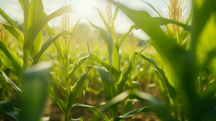 A vibrant cornfield with sunlit green stalks and tassels, capturing the vitality of growing crops under warm sunlight in a rural setting