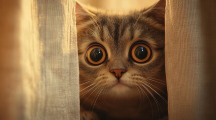 Poster - Curious Cat Peeking Through the Curtains