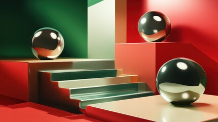 Generative AI illustration of colorful geometric shapes of smooth and shiny spheres on steps of square platforms against red and green background