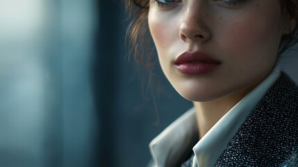 A close-up portrait of a woman featuring soft features, natural makeup, and a stylish outfit, set against an atmospheric, blurred background.