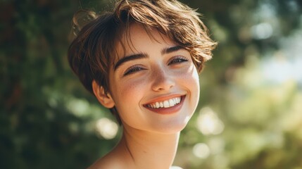 Poster - A woman with short brown hair smiling at the camera