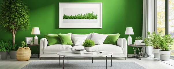 Green Living Room Interior Design with White Sofa and Plants, Interior Design, Living Room Design