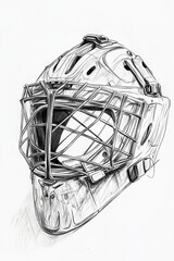 A precise sketch of a hockey goalie helmet featuring protective elements and detailed contours, isolated on a white background