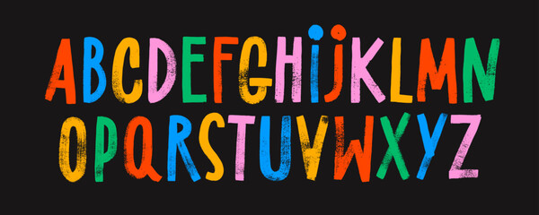 Aufkleber - Grunge brush drawn colorful capital letters. Childish style alphabet with thick letters.