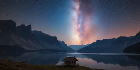 Poster - A small cabin sits by a still lake under the Milky Way.