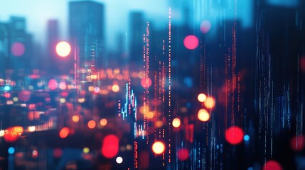 Poster - Abstract glowing big data forex candlestick chart on blurry city backdrop. Trade, technology, investment and analysis concept