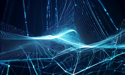 Poster -   Abstract futuristic landscape with blue wireframe network.