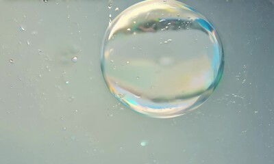 Poster - A single  large  iridescent bubble floats in a clear liquid  surrounded by smaller bubbles.