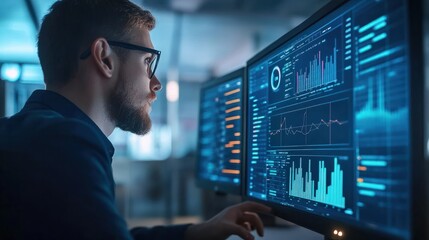 Poster - businessman is analyzing data on a computer screen, focusing on charts and graphs.