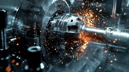Poster - Industrial Lathe Machine in Factory Operation