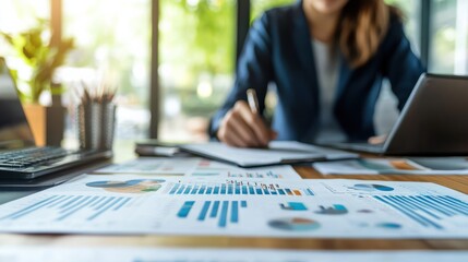 Poster - businesswomen analyzing financial graphs and charts on desk