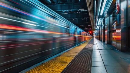 Sticker - Dynamic subway train speeding through a modern underground station at night with vivid lights and motion blur effects