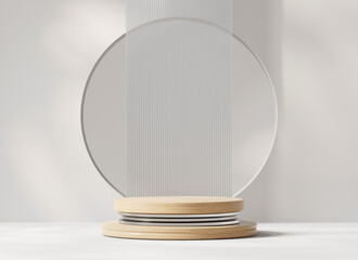 Poster - Wooden minimal platform podium for advertising product display background 3d rendering	