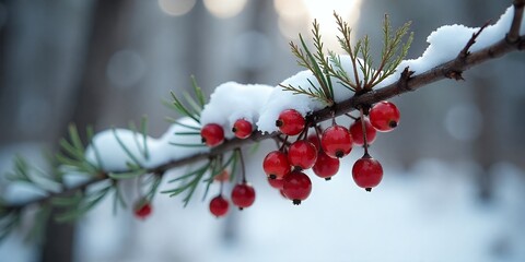 Wall Mural - A close-up of a snow-covered branch with red berries.