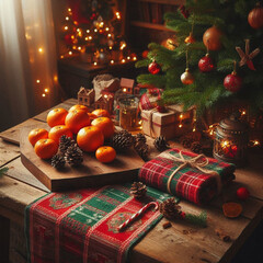 Wooden table with tangerines and pinecones next to a Christmas tree decorated with lights and ornaments. Rustic interior with festive atmosphere. Christmas and holiday celebration. 