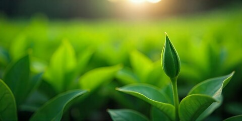 Wall Mural - A single green bud stands tall against a backdrop of lush foliage.