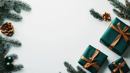 Wall Mural - christmas gifts with green wrapping on a white background, festive decoration.