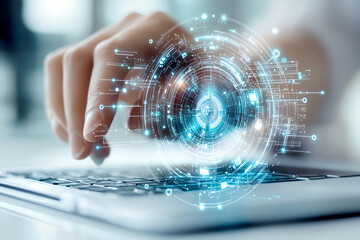 Poster - Innovative futuristic office workspace featuring holographic screens and advanced technology integration for enhanced productivity