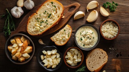 Poster - Delicious Garlic Bread and Condiments on Wooden Table