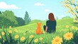 © BanklangArtshop - Person sitting in a field with a cat, surrounded by flowers and greenery.