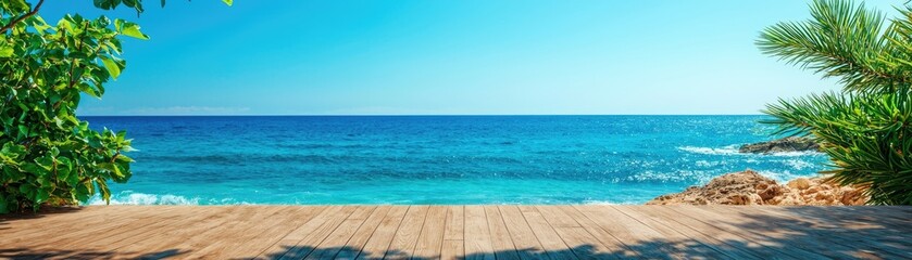 Wall Mural - tropical beach view with crystal clear water and wooden deck under blue sky.