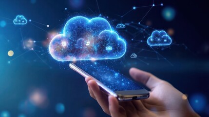 Poster - Secure Cloud Computing: Hand Holding a Smartphone with Holographic Cloud Icons, Depicting the Integration of Mobile Technology and Cloud Services with Blue Background - Generative AI