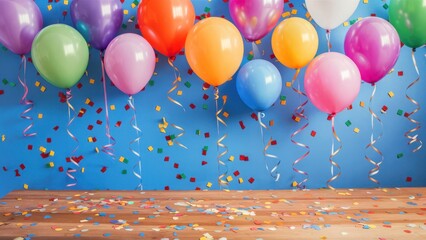 Colorful balloons and confetti a vibrant celebration scene perfect for birthdays and festive gatherings