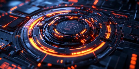 Fototapete - A modern, cyberpunk-style logo with 3D shapes like circles, hexagons, triangles, and lines. It's a futuristic tech design perfect for a banner or logo.