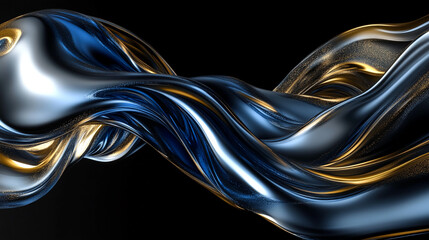 A blue and gold metallic ribbon flows gracefully against a black background. Abstract art illustration
