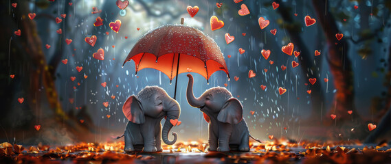 Whimsical Valentine's Day Card Design with Elephants Under Heart Umbrella