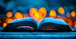 © Bartek - Open Book with Heart Shaped Pages and Bokeh Lights Creating Romantic Evening Mood
