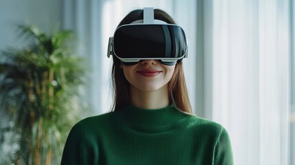 Smiling businesswoman in green sweater is wearing vr helmet. Digital interface in 3d glasses. Concept of future technology, interaction and entertainment playing game in virtual reality