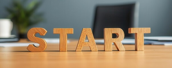 Wall Mural - wooden letters forming the word 'start' on a desk, contemporary office setting.
