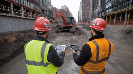 two construction workers wearing hard hats and high-visibility vests on a construction site. One worker is facing away, holding a tablet, while the other is operating heavy machinery in the background