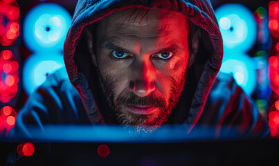 Poster - Intense Hacker in Hooded Sweatshirt Focuses on Cyber Security with Blue and Red Neon Lights in Background, Evening Setting, High-Tech Digital Defense Concept