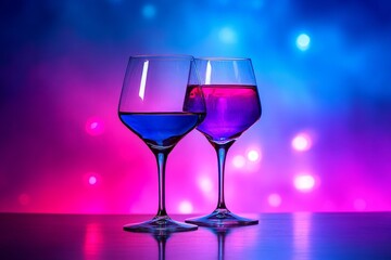 Two elegant wineglasses filled with colorful cocktails on a festive background