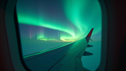 A stunning view of vibrant auroras dancing across the night sky, captured from an airplane window, showcasing the breathtaking beauty of nature and the magic of travel through the Arctic