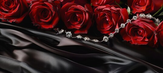 Sticker - Luxurious Valentine's Day Banner with Red Roses and Diamond Bracelet on Satin Background