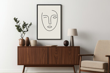 Wall Mural - modern living room featuring stylish wooden sideboard with minimalist face artwork. decor includes cozy chair, elegant vases, and lamp, creating serene atmosphere