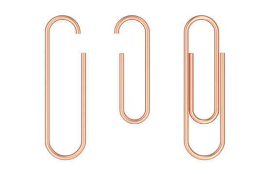 Paper Clips golden or copper on the sheet, 3D rendering isolated on transparent background