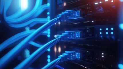 Poster - Close-up of blue network cables connected to a server.