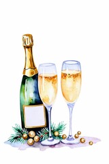 Greeting Card New Years Celebration Design with Two Champagne Glasses in Watercolor Style