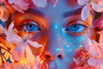 Incredible close-up shot of a colorful face adorned with flowers and metallic makeup, blending nature and artistry beautifully.