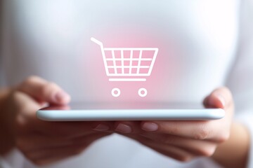  iPad with the shopping cart icon floating above it, symbolizing the concept of online retail and e-commerce, seasonal sale banner, black friday concept, shopping and consumerism